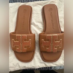 Tory Burch Brown Leather Logo Slide Sandals size 7
